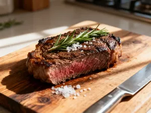 Soczysty stek z polędwicy wołowej medium-rare na drewnianej desce z rozmarynem i solą morską.