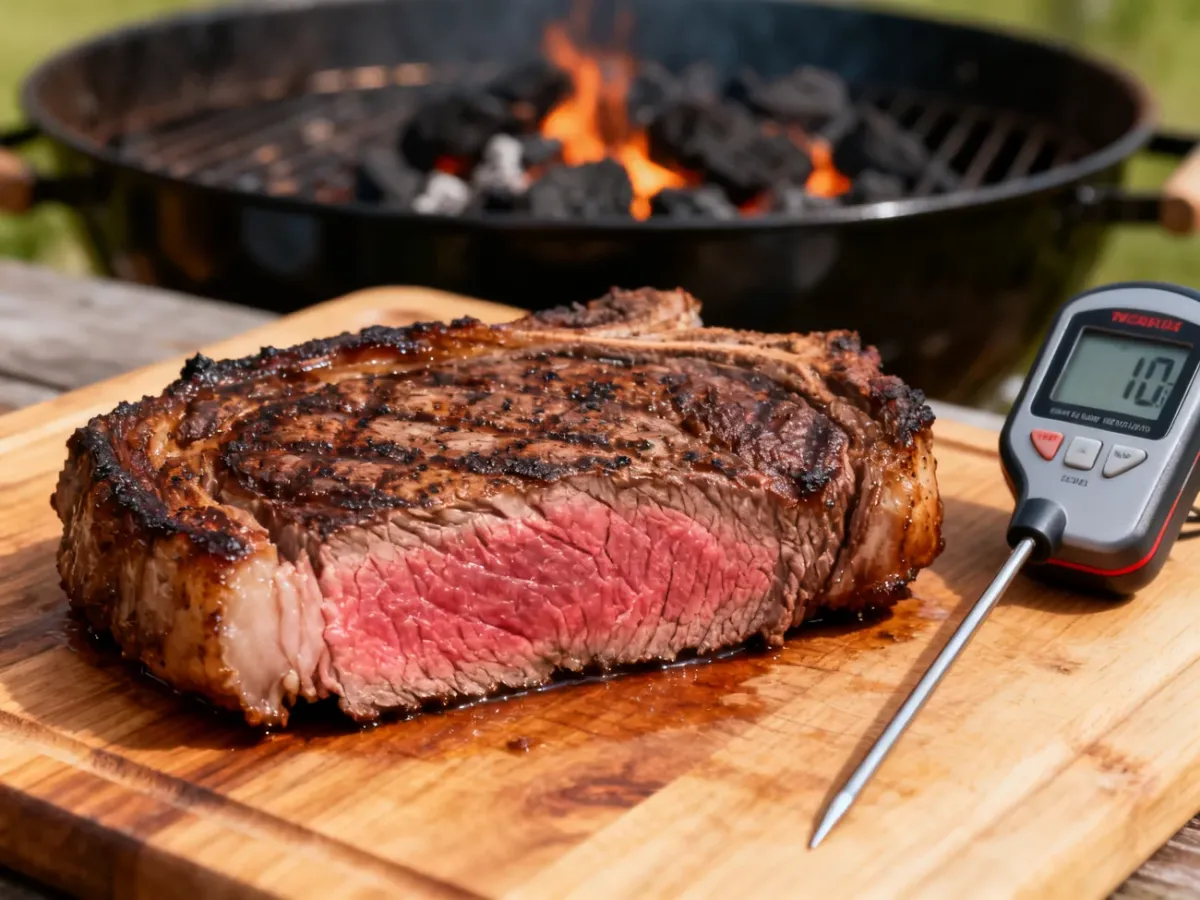 Grillowany stek odpoczywający na desce obok termometru kuchennego