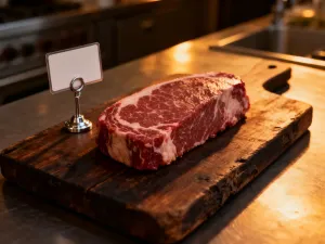Soczysty stek ribeye z pieczonym czosnkiem i rozmarynem na drewnianej desce, gotowy do podania.
