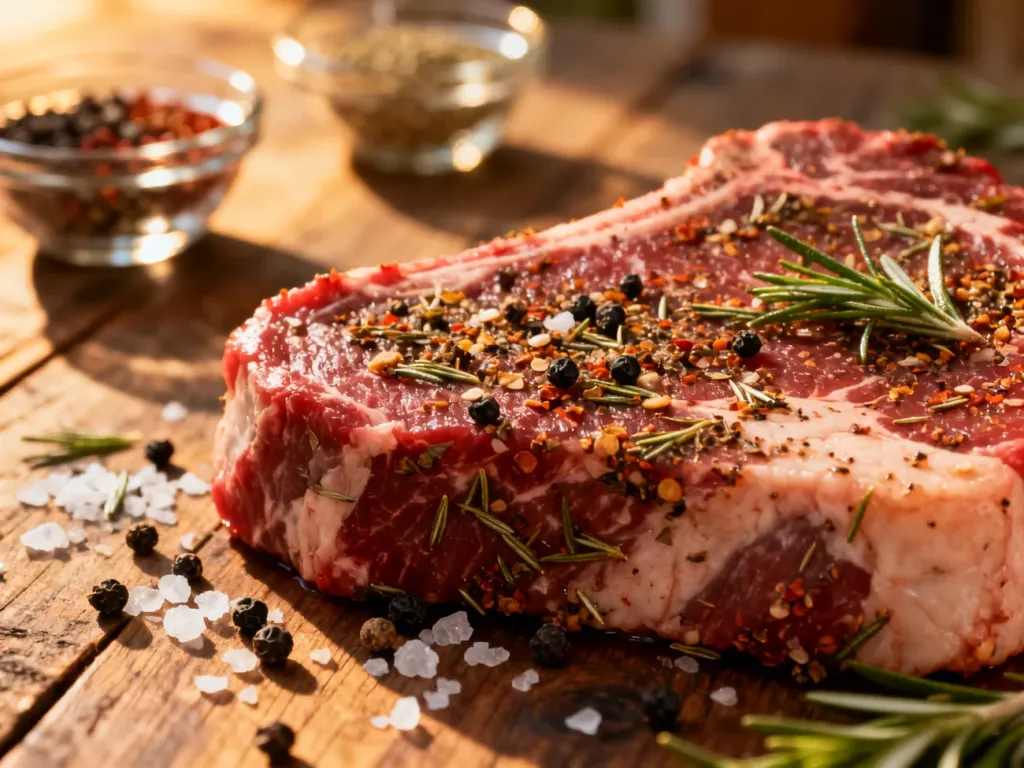Surowy stek ribeye z wyraźną warstwą przypraw, ziół i gruboziarnistej soli, przygotowany do smażenia na drewnianym blacie.