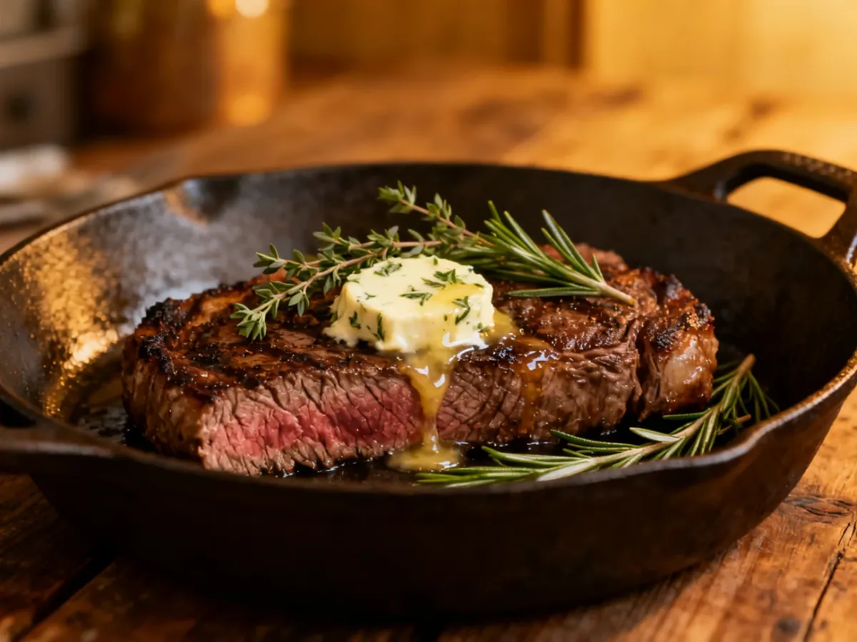 Soczysty stek medium rare z masłem ziołowym na żeliwnej patelni