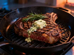 Soczysty stek ribeye z ziołowym masłem i rozmarynem grillowany na elektrycznym ruszcie.