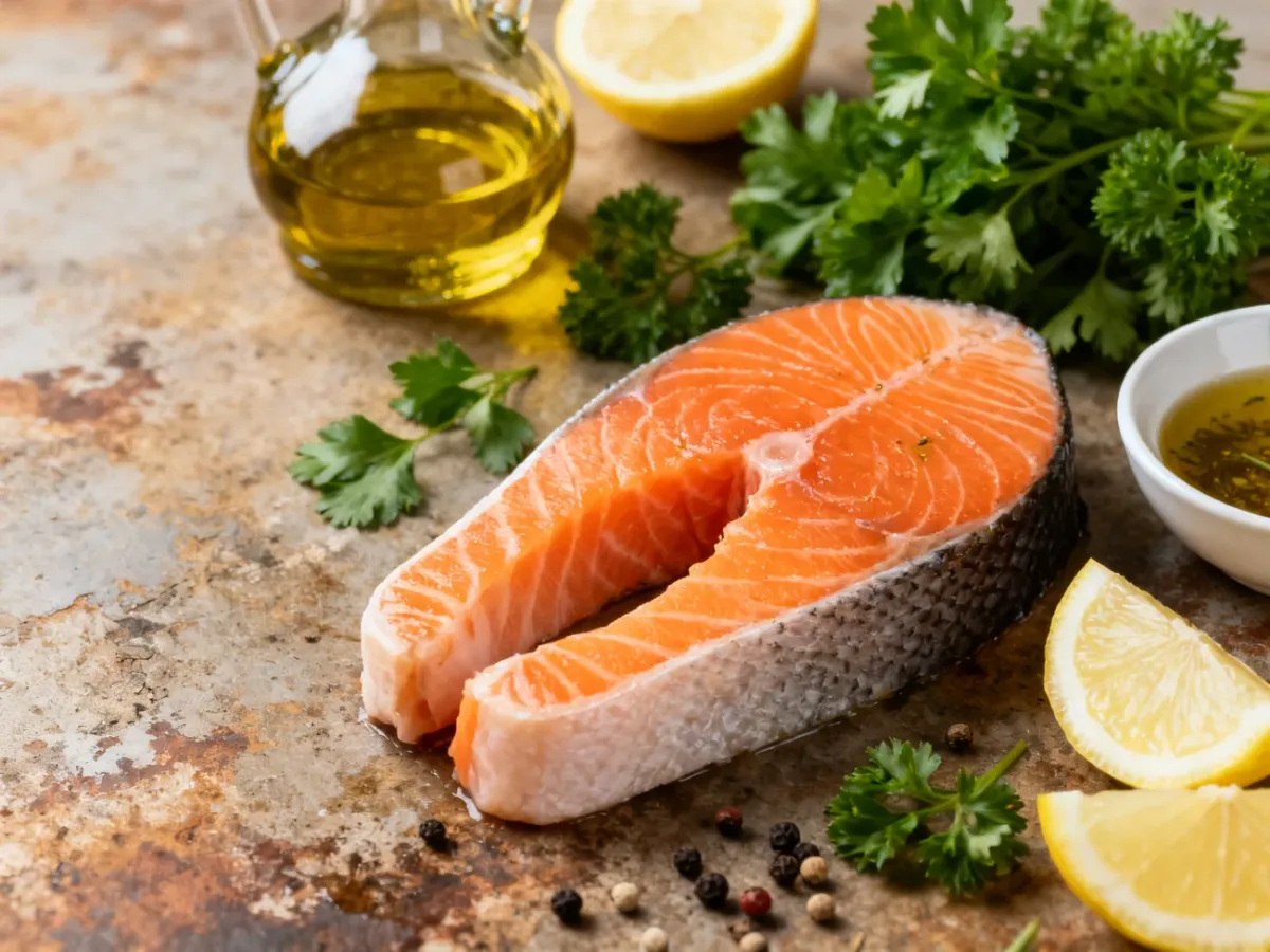 Steak z łososia z oliwą, cytryną i świeżymi ziołami przygotowany do marynowania