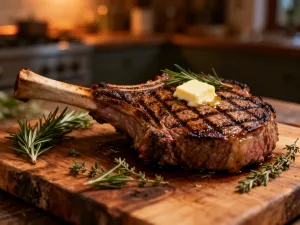 Soczysty stek medium rare z wyraźnie różowym środkiem i przypieczoną skórką, podany na rustykalnej desce.