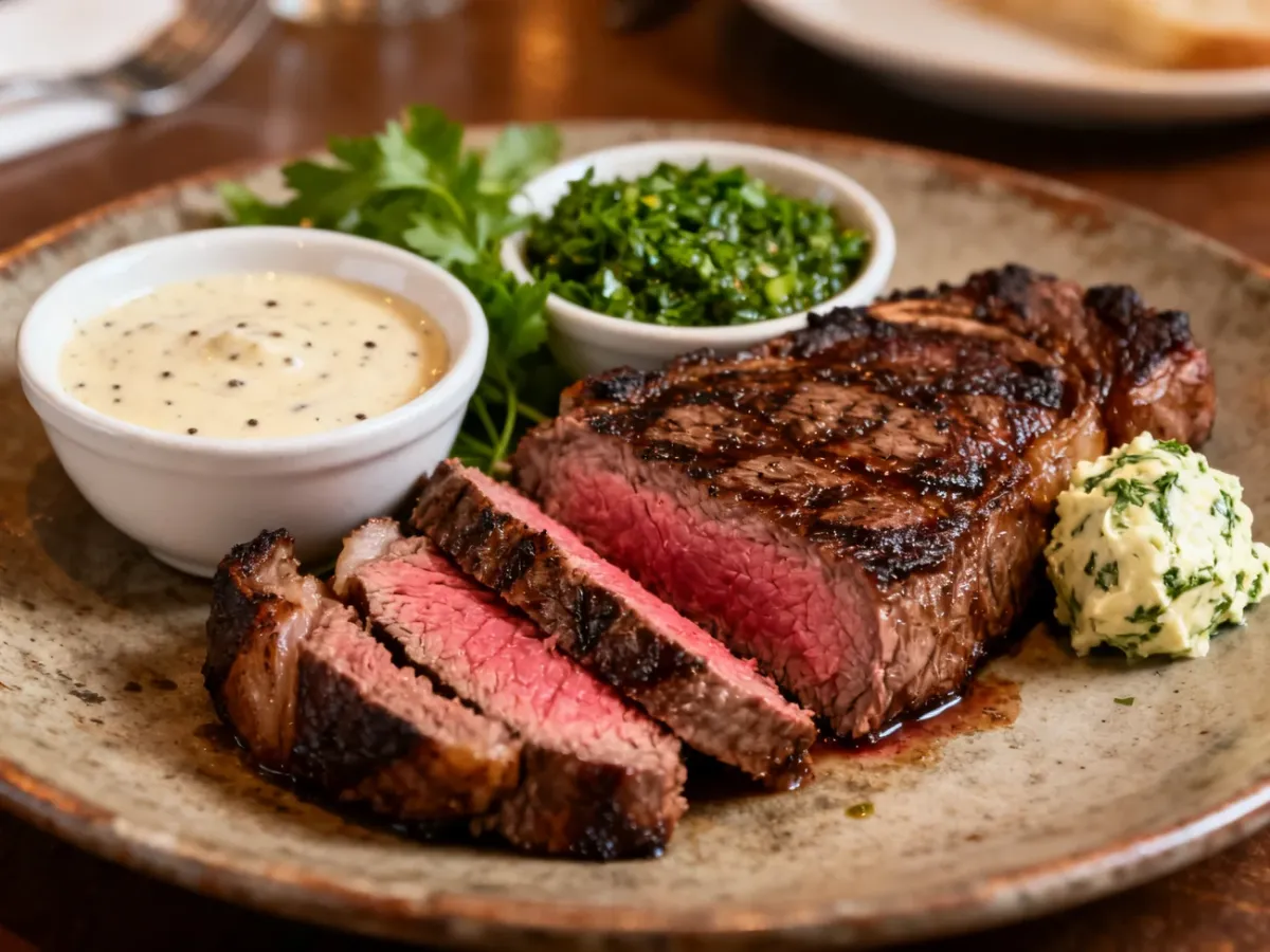 Steak served with pepper sauce, chimichurri and herb butter