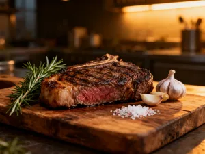 Soczysty stek wołowy medium-rare na ciemnym talerzu z rozmarynem i solą morską w przytulnej, kuchennej scenerii.