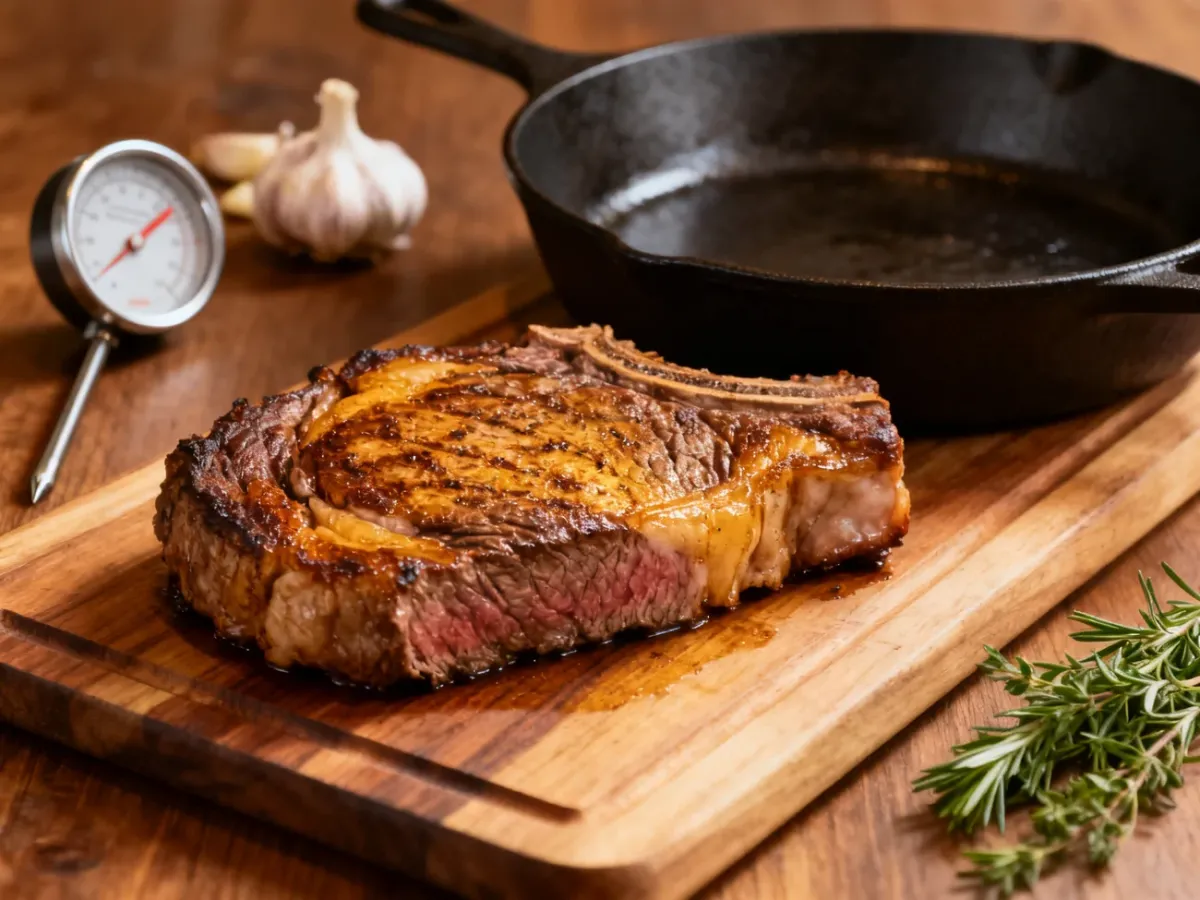 Gruby stek odpoczywający na desce obok żeliwnej patelni i termometru