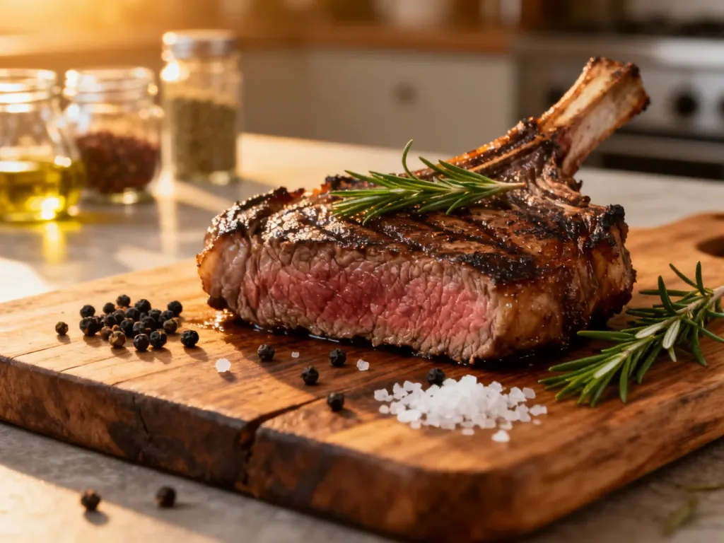 Soczysty stek ribeye na drewnianej desce, przyprawiony świeżym rozmarynem, pieprzem i solą morską.