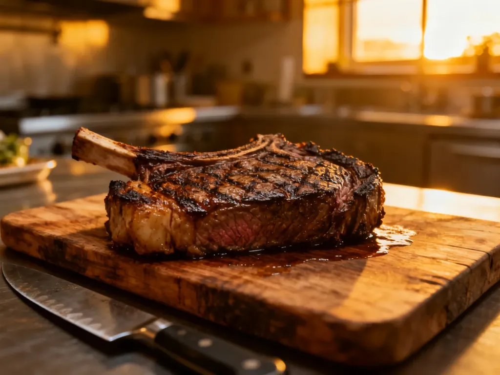 Soczysty stek ribeye odpoczywający na drewnianej desce po usmażeniu, obok którego leży nóż kuchenny.