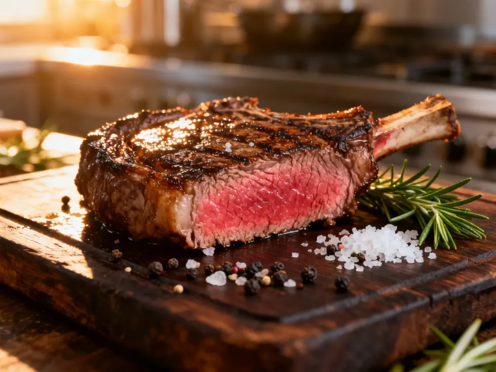 Soczysty stek ribeye o idealnym stopniu wysmażenia medium rare, podany z rozmarynem i przyprawami na drewnianej desce.