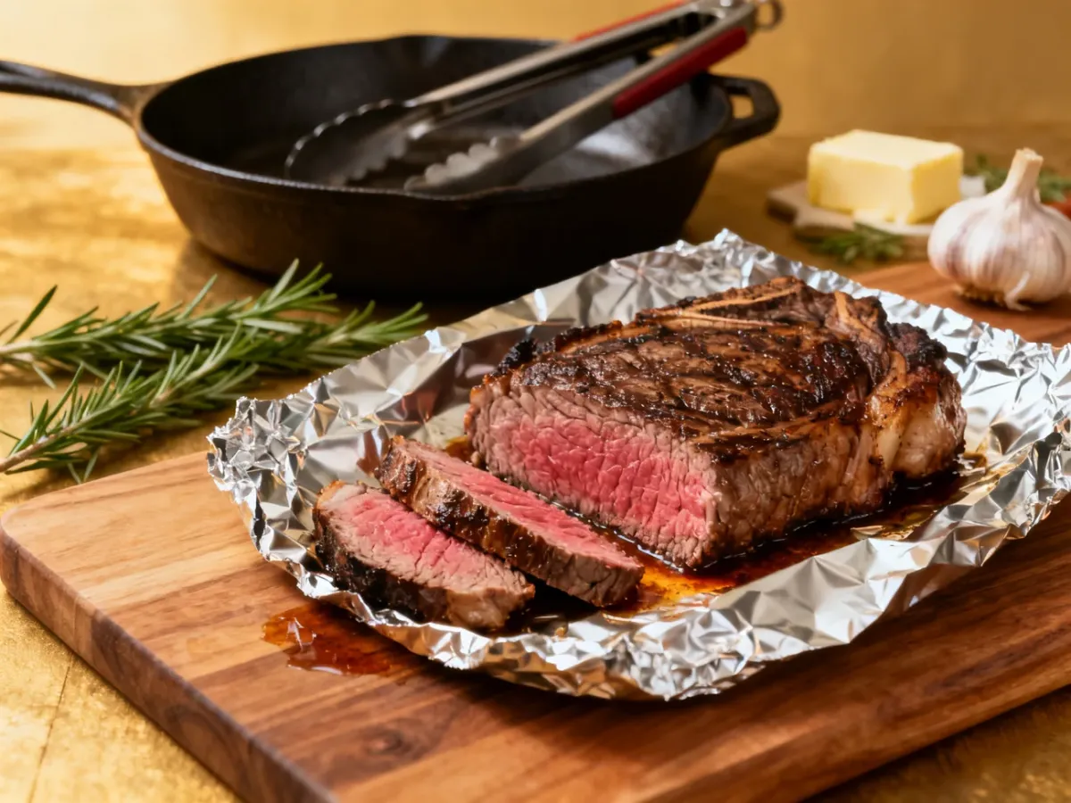 Stek medium-rare odpoczywający na desce pod luźno przykrytą folią