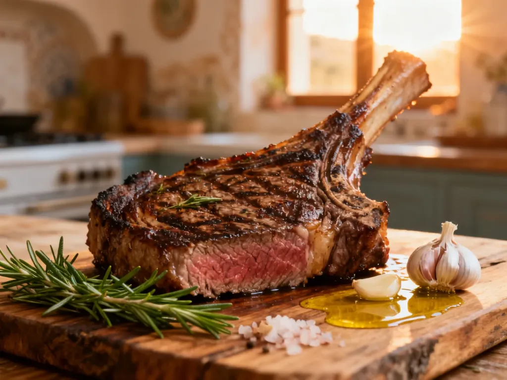 Soczysty stek z ribeye na drewnianej desce, podany z rozmarynem, czosnkiem i oliwą w śródziemnomorskim klimacie.