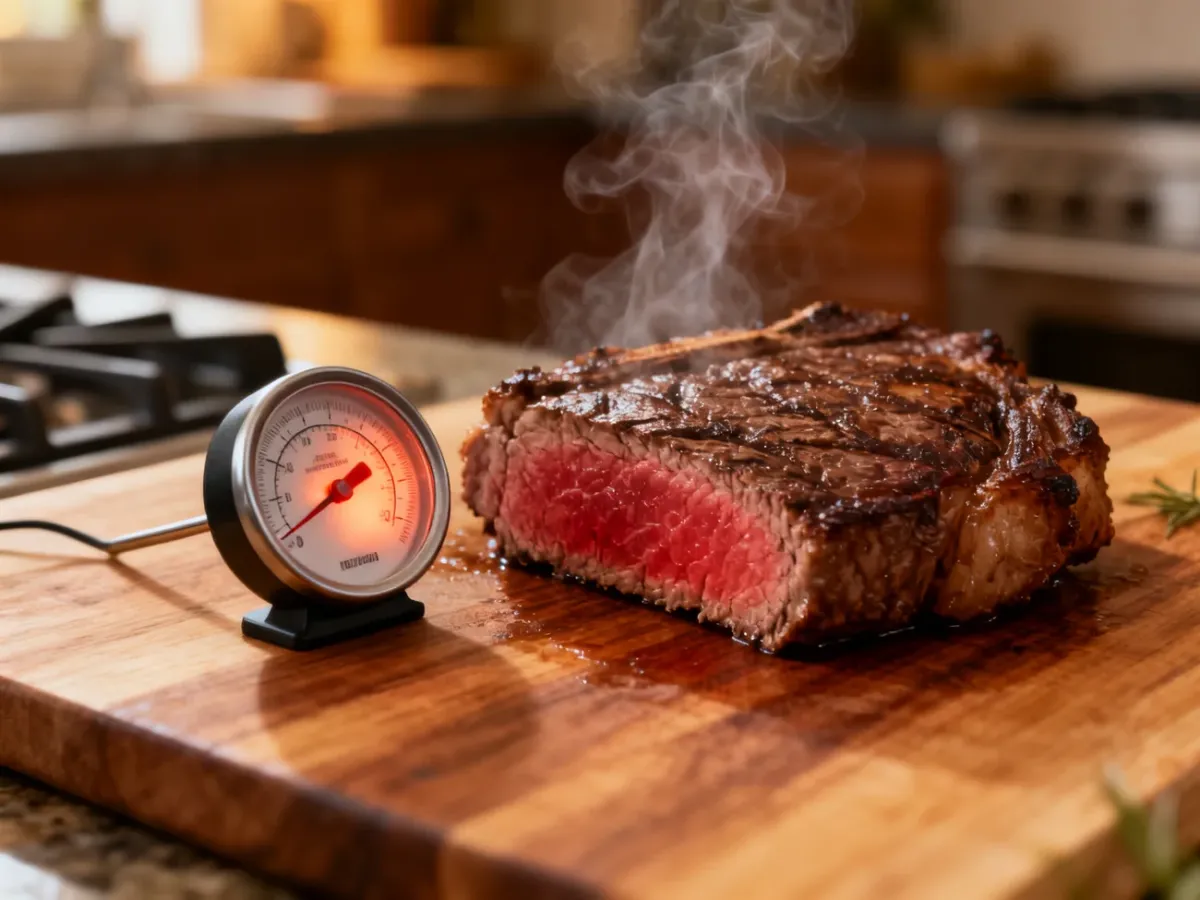 Stek medium rare odpoczywający na desce z termometrem kuchennym