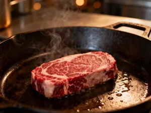 Soczysty stek wysmażony w stopniu medium-rare, pokrojony w plastry na drewnianej desce z przyprawami.