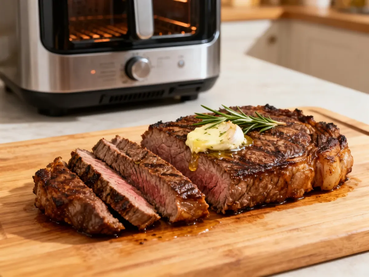 Steak odpoczywający na desce z masłem czosnkowym i rozmarynem