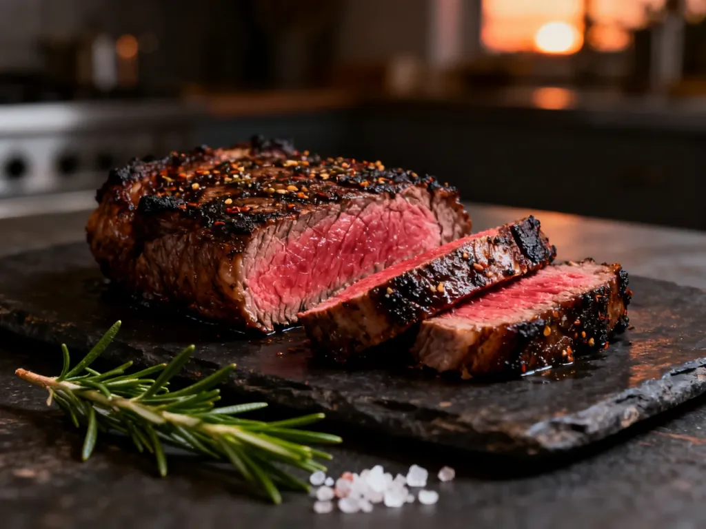 Soczysty stek medium rare pokrojony na plastry, podany na kamiennym talerzu z rozmarynem i solą morską.