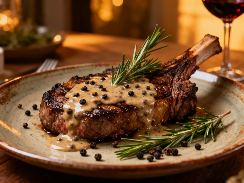Soczysty stek ribeye z kremowym sosem pieprzowym i rozmarynem na rustykalnym talerzu.