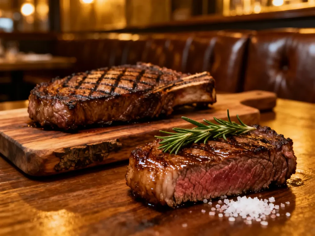 Soczysty stek ribeye z wyraźnymi śladami grillowania, podany na drewnianej desce w klimatycznym wnętrzu restauracji.