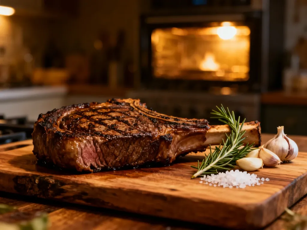 Soczysty stek ribeye na drewnianej desce z rozmarynem i czosnkiem, gotowy do podania po upieczeniu w piekarniku.