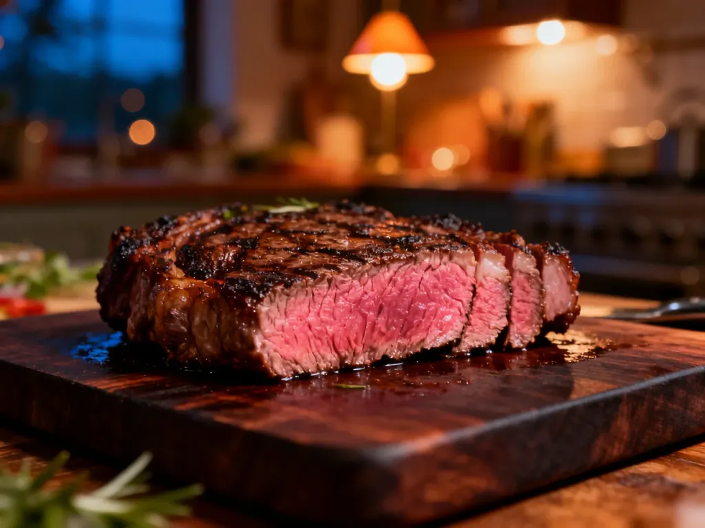 Soczysty stek medium-rare pokrojony na drewnianej desce, ukazujący idealnie różowy środek mięsa.