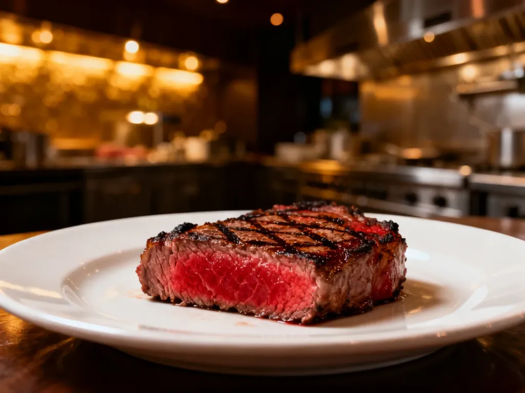 Soczysty stek o stopniu wysmażenia medium-rare na białym talerzu, prezentujący idealnie różowy środek i grillowane paski.