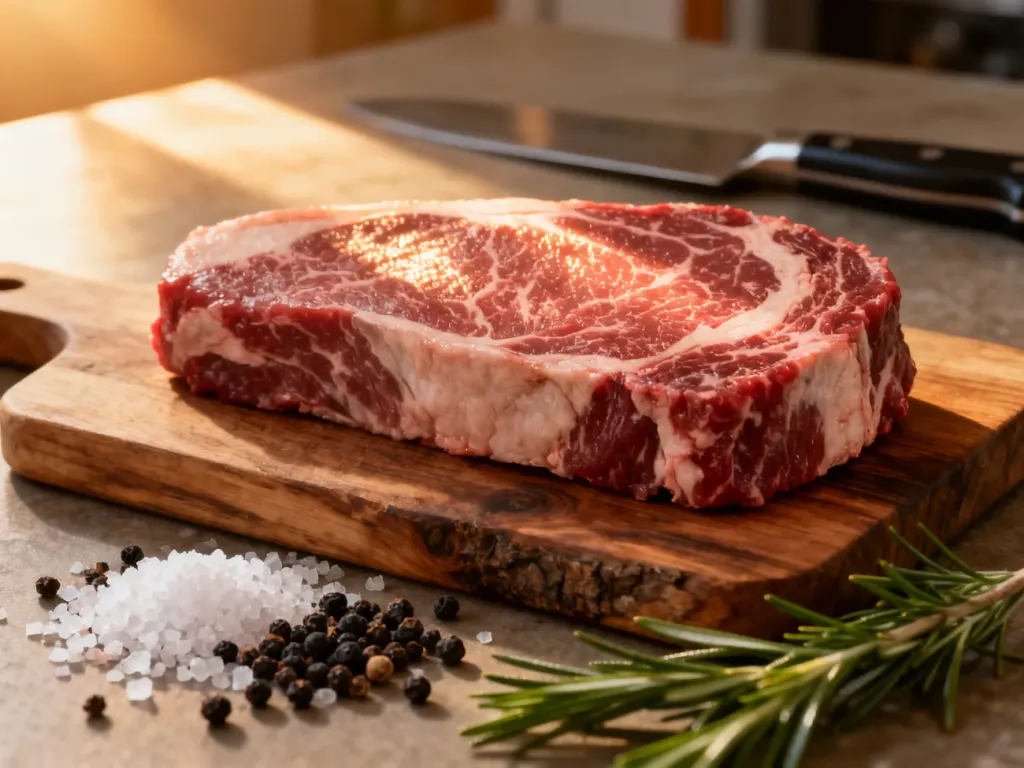Surowy stek typu tri-tip z przyprawami i rozmarynem na drewnianej desce, przygotowany do smażenia.