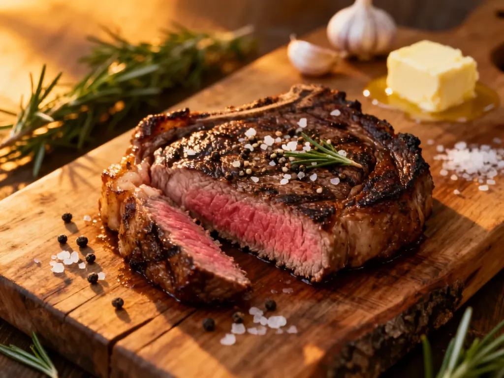 Soczysty stek ribeye średnio wysmażony na drewnianej desce, przyprawiony solą, pieprzem i ziołami.