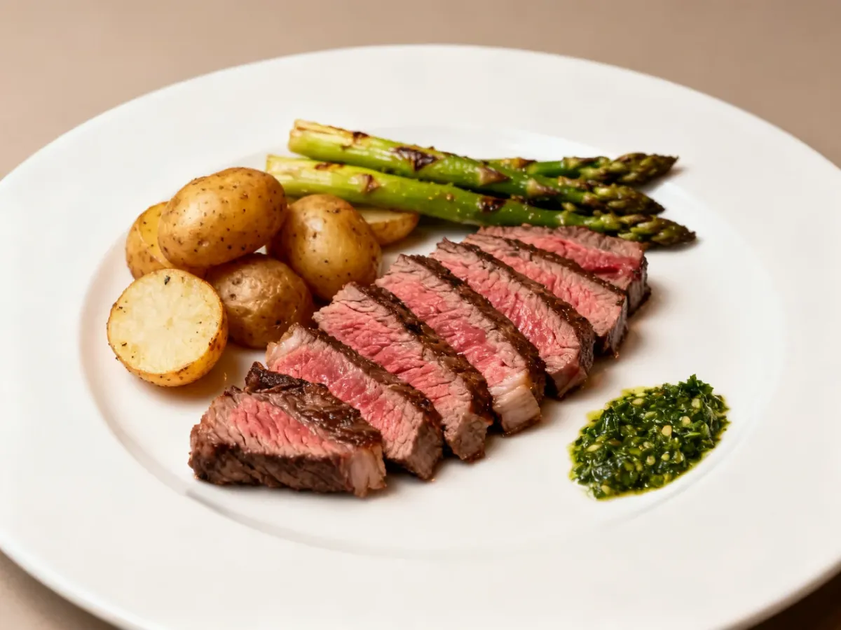 Elegancko podany stek wołowy z ziemniakami, szparagami i sosem chimichurri