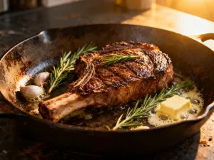 Soczysty stek medium rare z wyraźnie różowym środkiem i przypieczoną skórką, podany na rustykalnej desce.