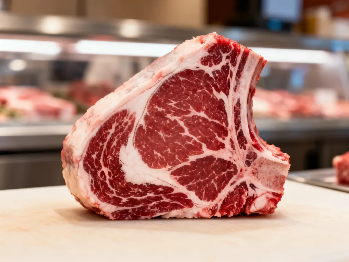 Gruby, marmurkowany stek rib-eye na ladzie mięsnej