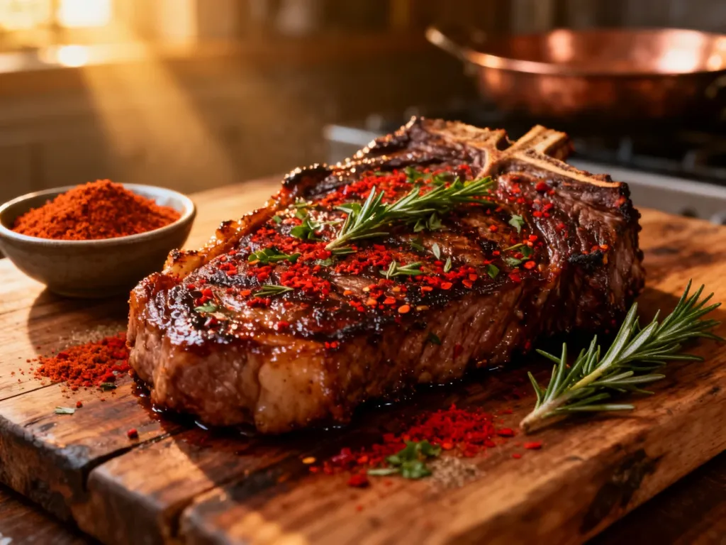 Soczysty stek ribeye z przyprawą cajun i świeżymi ziołami na drewnianej desce, gotowy do podania.