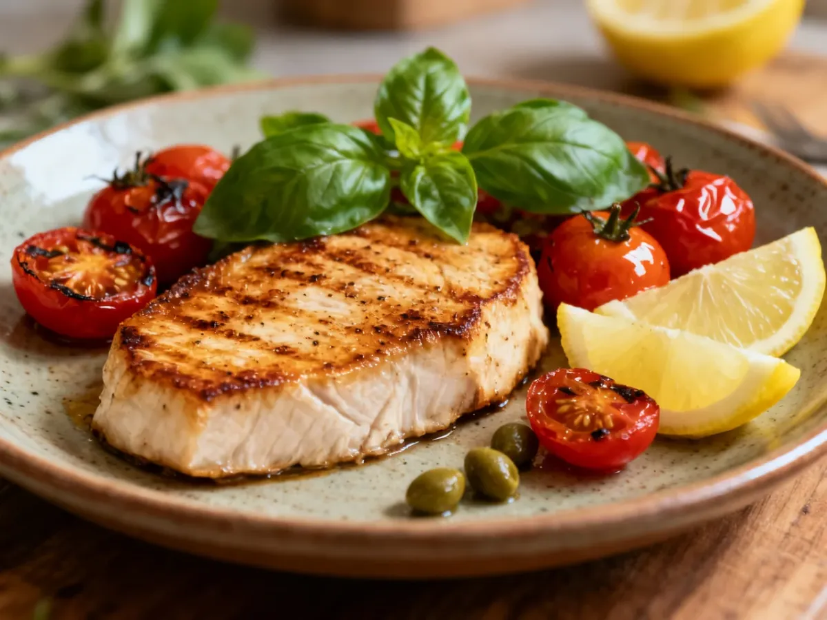 Usmażony stek z miecznika z grillowanymi pomidorkami, bazylią, cytryną i kaparami