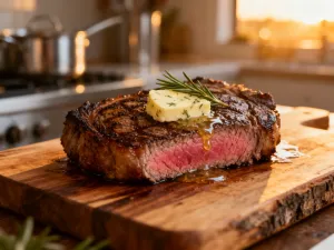 Soczysty stek medium-rare na drewnianej desce z ziołami i przyprawami, ukazujący idealny stopień wysmażenia mięsa.