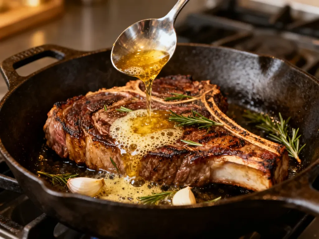 Soczysty stek ribeye smażony na żeliwnej patelni, polewany masłem z ziołami i czosnkiem dla uzyskania idealnej skórki.