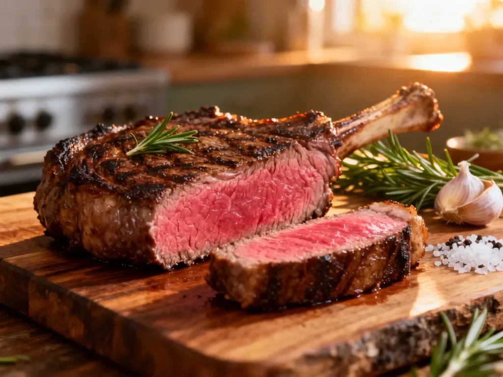 Soczysty stek ribeye w stopniu medium-rare na drewnianej desce, otoczony świeżym rozmarynem i czosnkiem.