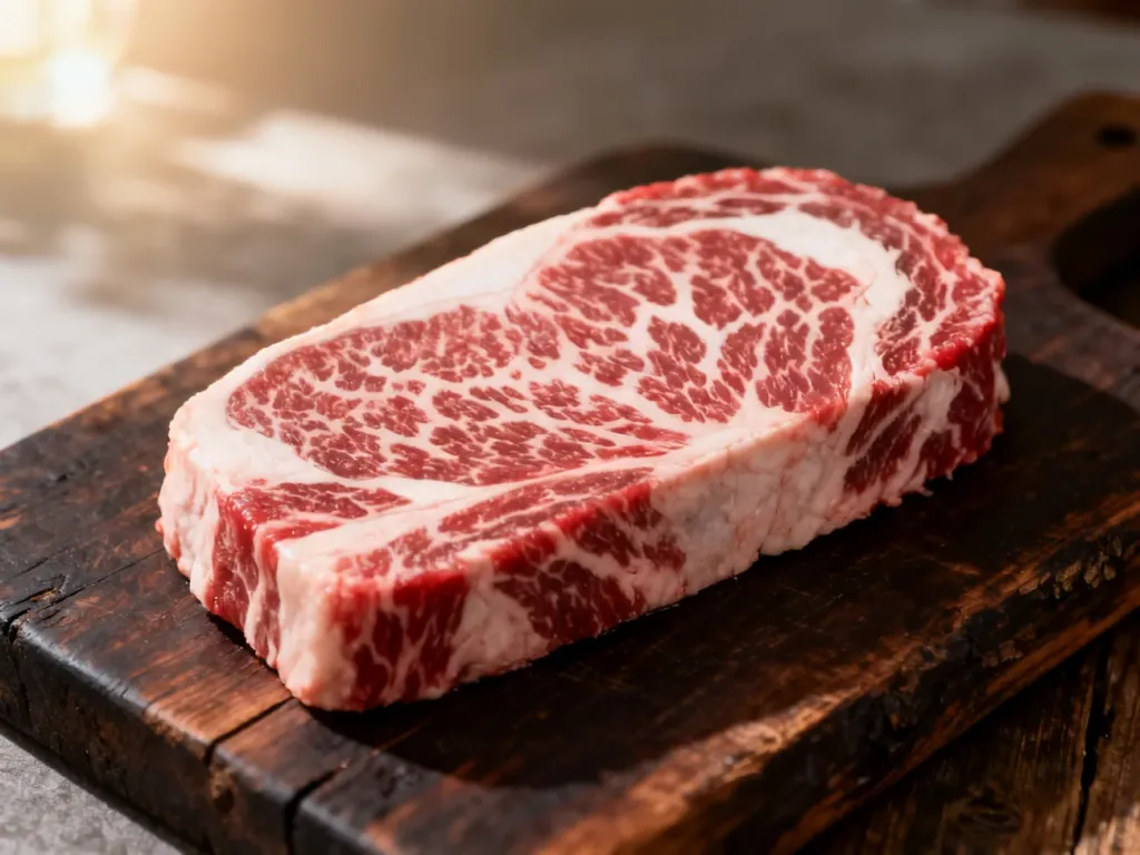 Surowy stek z wołowiny Wagyu z wyraźną marmurkowatością na ciemnej, drewnianej desce do krojenia.