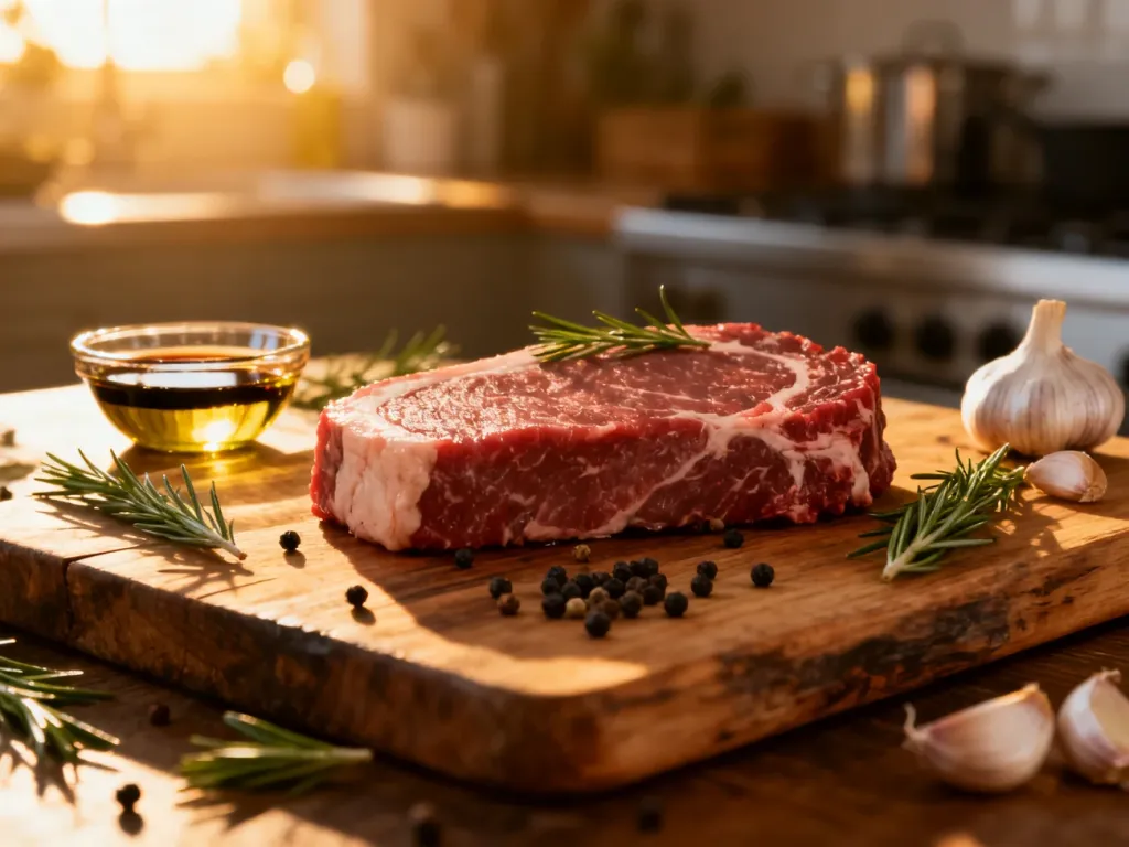 Surowy stek wołowy na desce z przyprawami, oliwą i octem balsamicznym, przygotowany do marynowania.