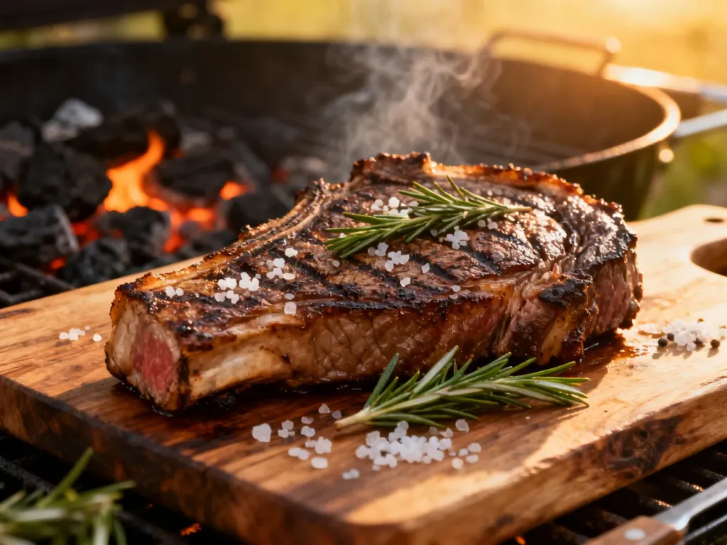 Soczysty stek ribeye z rozmarynem na drewnianej desce, w tle rozgrzany grill węglowy.