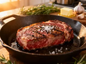Soczysty stek ribeye średnio wysmażony na drewnianej desce, przyprawiony solą, pieprzem i ziołami.