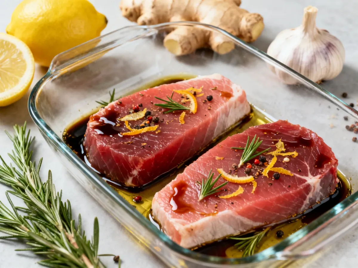 Surowe steki z tuńczyka w delikatnej marynacie z cytrusami, ziołami i sosem sojowym