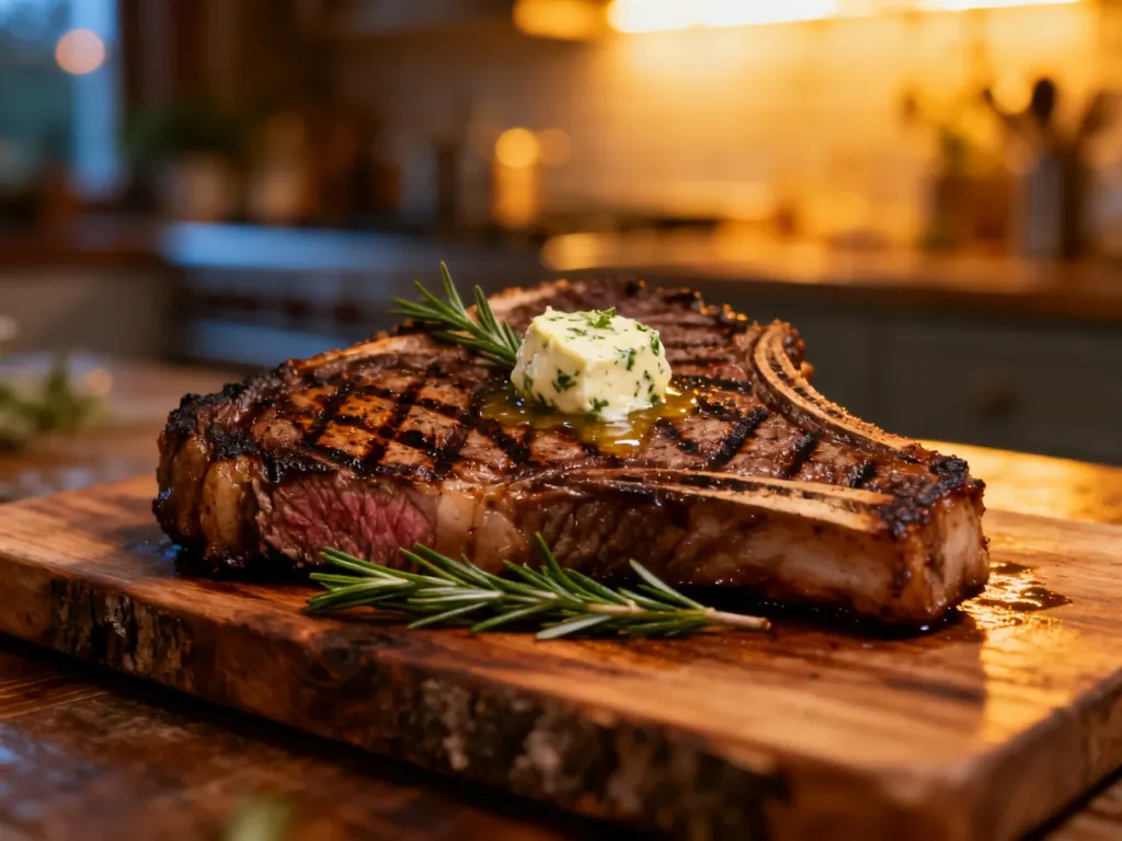 Soczysty stek T-bone z ziołowym masłem i rozmarynem na drewnianej desce, przygotowany do podania.