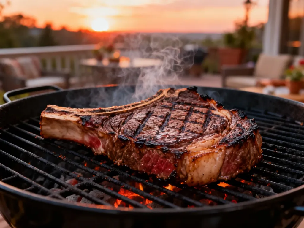 Soczysty stek ribeye z wyraźnymi śladami grillowania smażący się na gorącym ruszcie o zachodzie słońca.