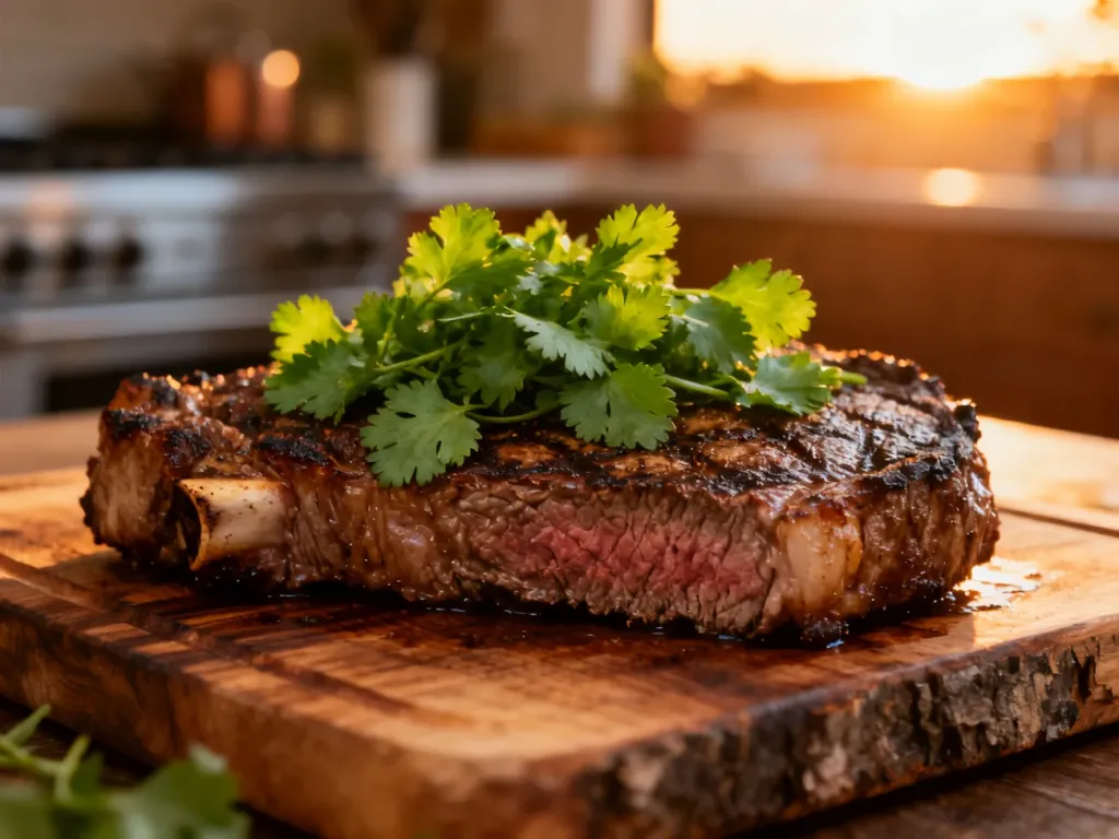 Soczysty stek ribeye na drewnianej desce, obficie posypany świeżą kolendrą w ciepłym świetle zachodzącego słońca.