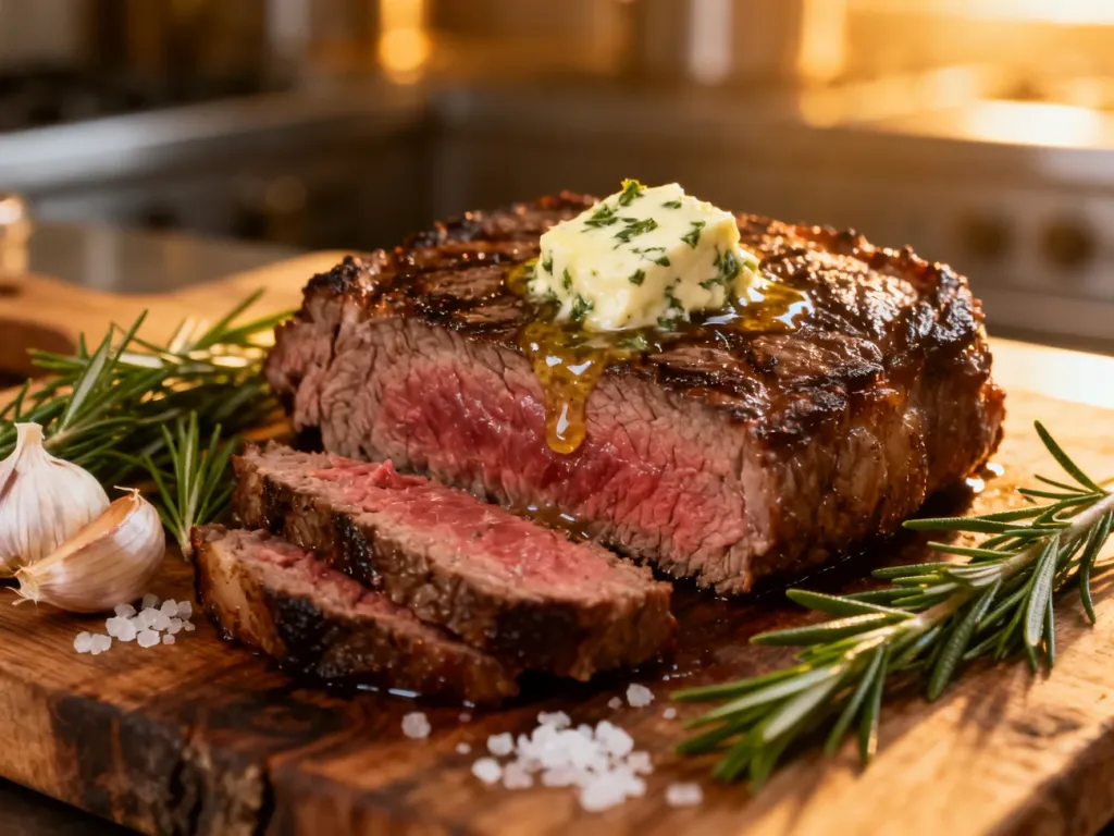 Soczysty stek wołowy medium-rare z rozpuszczonym masłem ziołowym na drewnianej desce, otoczony świeżymi ziołami i czosnkiem.