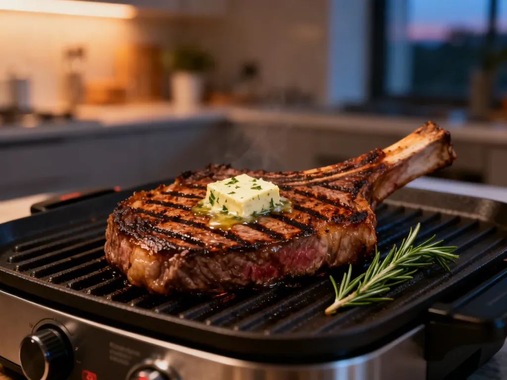 Soczysty stek ribeye z ziołowym masłem i rozmarynem grillowany na elektrycznym ruszcie.