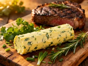 Soczysty stek medium-rare odpoczywający na drewnianej desce po smażeniu, obok leży nóż do krojenia mięsa.