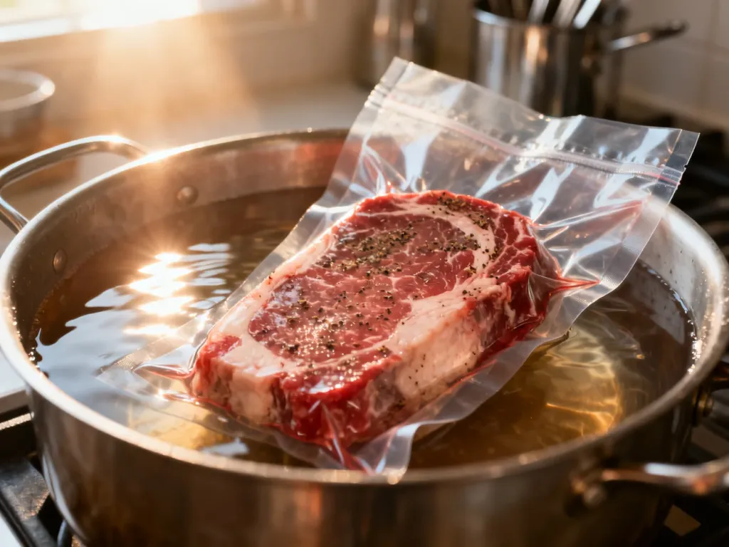 Surowy stek w szczelnym woreczku zanurzony w garnku z ciepłą wodą, przygotowywany metodą sous vide w domowej kuchni.