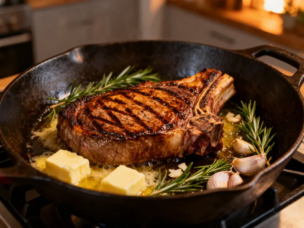Soczysty stek ribeye smażony na żeliwnej patelni z masłem, rozmarynem i czosnkiem, uzyskujący idealną, chrupiącą skórkę.