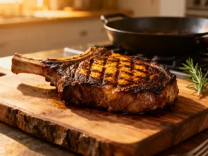 Soczysty stek ribeye smażony na żeliwnej patelni z rozpuszczającym się masłem, świeżymi ziołami i czosnkiem.