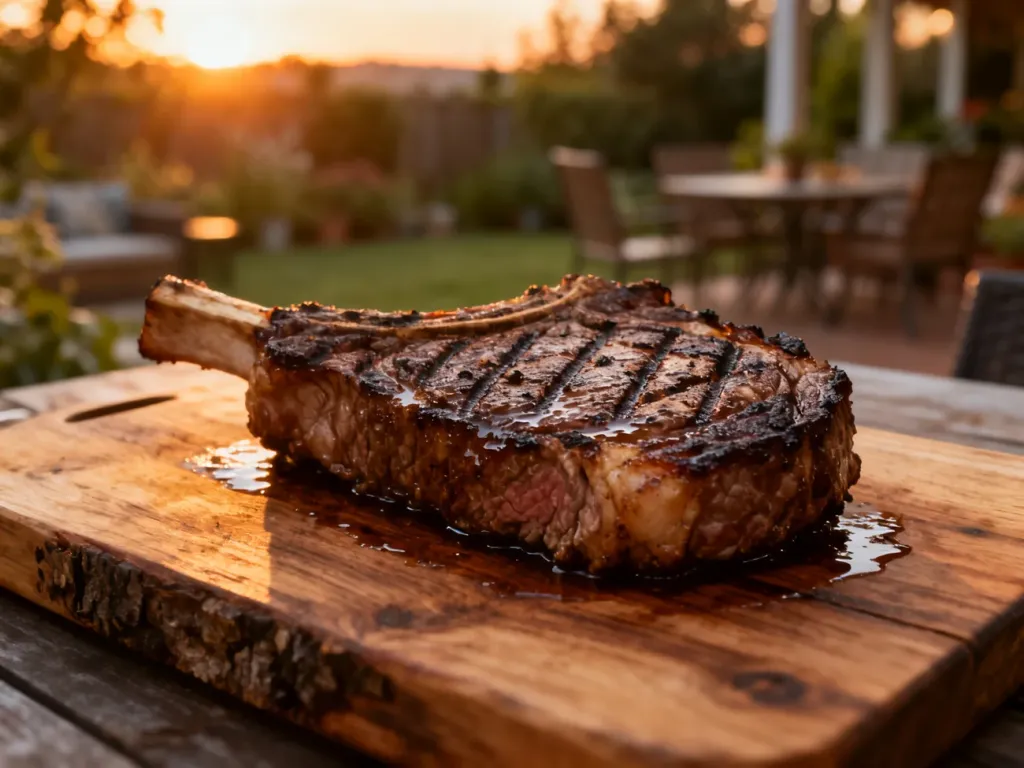 Soczysty stek ribeye z wyraźnymi śladami grillowania spoczywający na drewnianej desce w blasku zachodzącego słońca.
